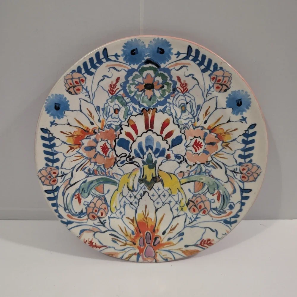 Anthropologie Floral Ceramic Salad Plate Pink Blue Hand Painted Style Boho